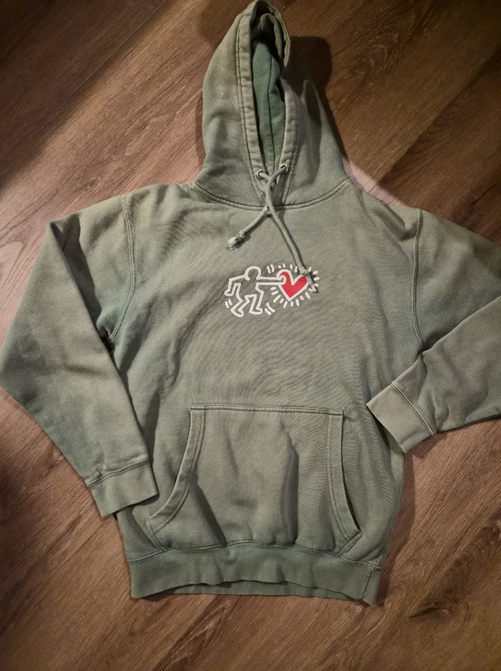 Keith Haring Olive Green Hoodie with Red Heart Graphic Small